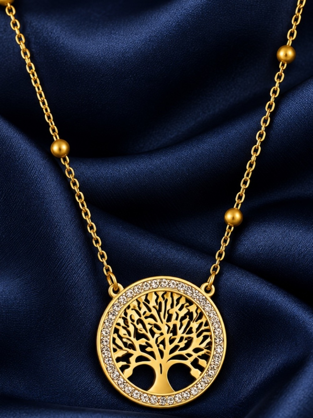Gold Tree of Life Pendant Necklace with Crystal Halo